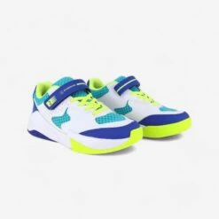 Chaussures De Volley-ball VS100 Confort Avec Scratches Blanche/blue Et Vert.